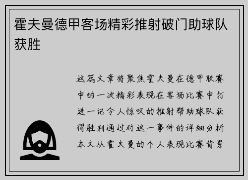 霍夫曼德甲客场精彩推射破门助球队获胜